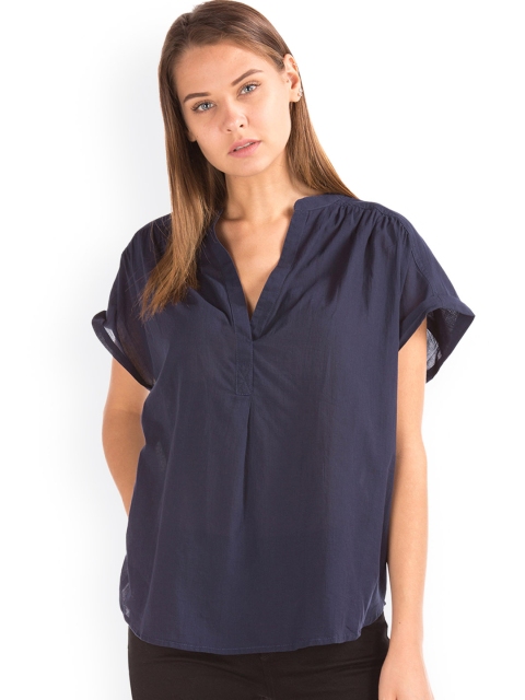 

GAP Women Navy Blue Solid Dobby Popover Top