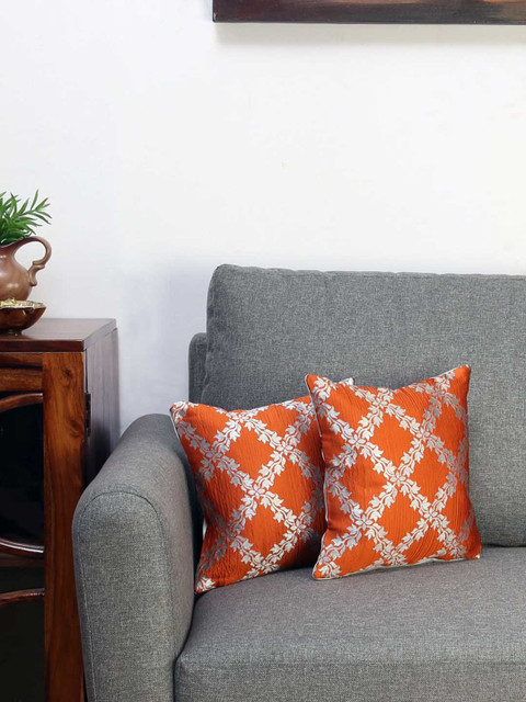 

Athome by Nilkamal Orange Set of 2 Floral Square Cushion Covers