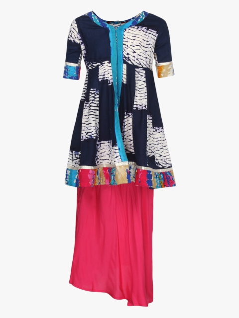 

Sangria Girls Navy Blue & White Printed A-Line Kurta with Pink Unstitched Bottom Piece