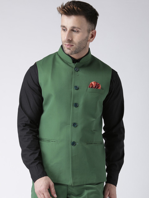 

Hangup Men Green Solid Woven Nehru Jacket