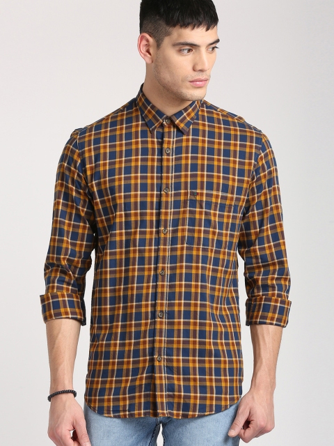 

Peter England Casuals Men Navy Blue & Yellow Slim Fit Checked Casual Shirt