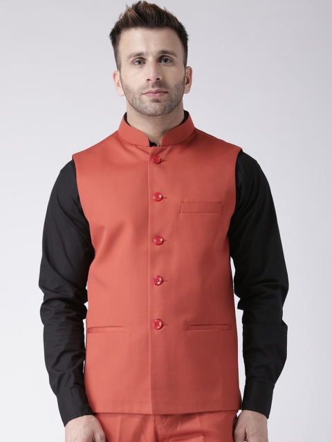 

Hangup Men Rust Brown Solid Woven Nehru Jacket