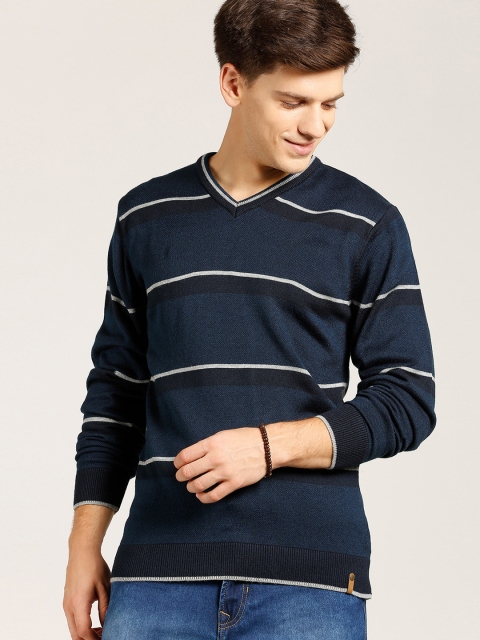 

Peter England Men Navy Blue Striped Pullover