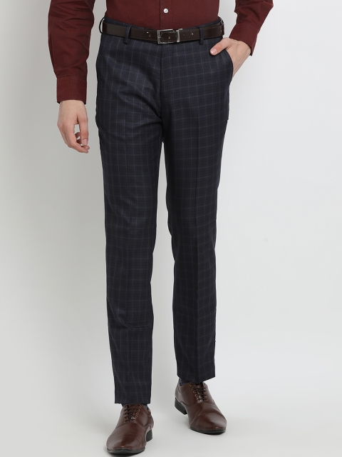 

Crocodile Men Navy Blue Slim Fit Checked Formal Trousers