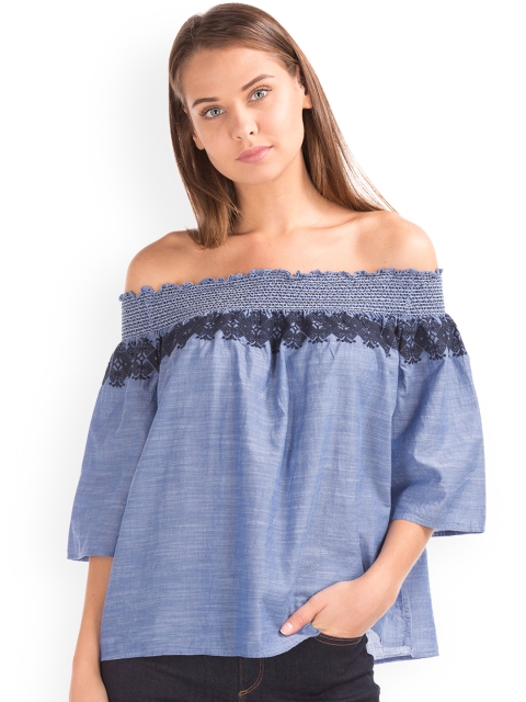 

GAP Women Blue Smocked Off Shoulder Embroidery Pure Cotton Top