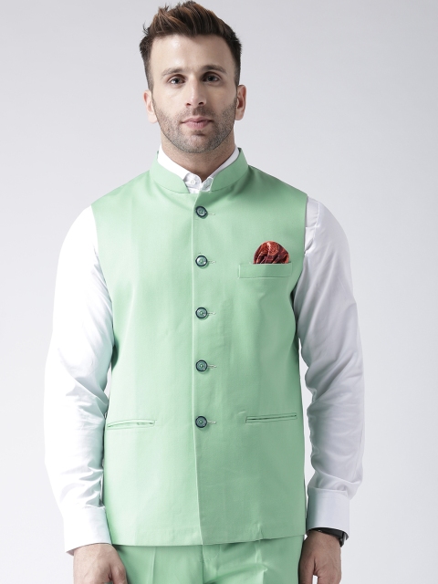 

Hangup Men Green Solid Woven Nehru Jacket