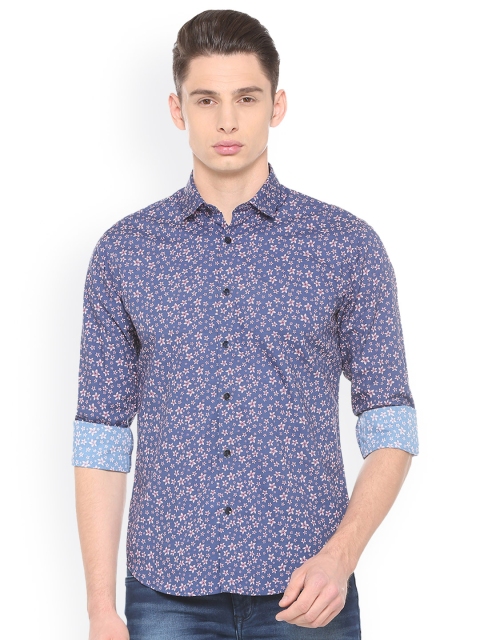 V Dot Men Blue Slim Fit Floral Print Casual Shirt