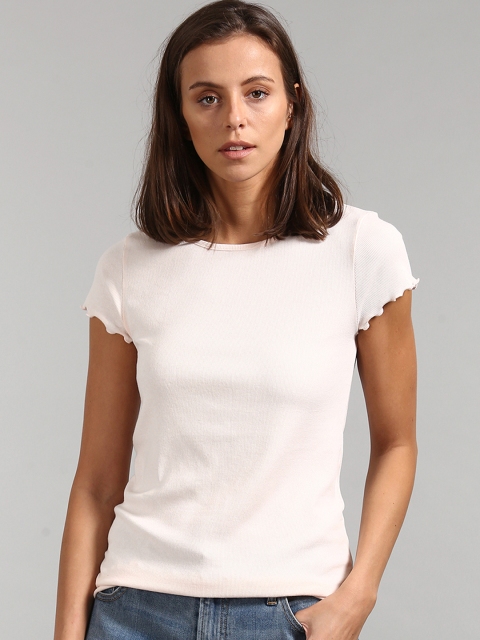 

GAP Women Pink Short Ruffle Sleeve Ribbed T-Shirt