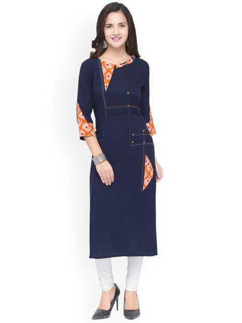 

Kvsfab Women Navy Blue Solid Straight Kurta