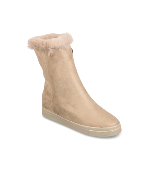 

Flat n Heels Women Beige Solid Suede Mid-Top Flat Boots