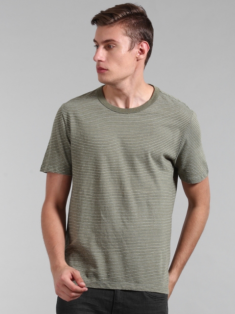 

GAP Men Green Linen Cotton Stripe Crew Neck T-shirt