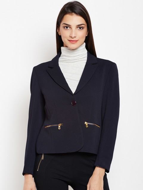 

Crimsoune Club Women Navy Blue Solid Slim Fit Single-Breasted Casual Blazer