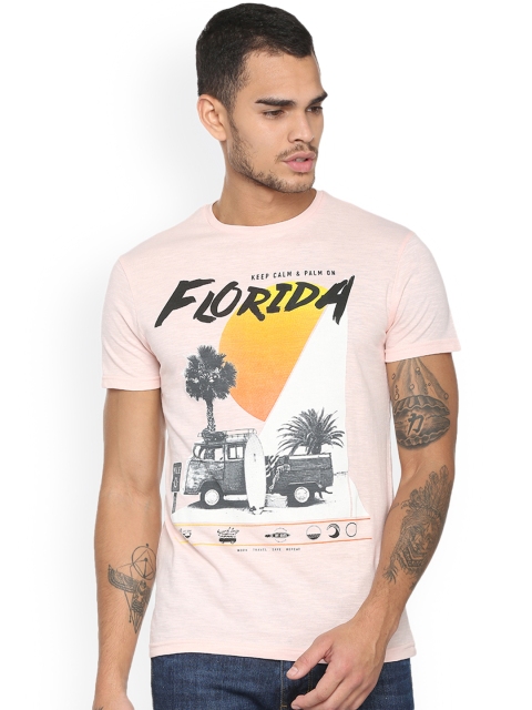 

People Men Pink Printed Round Neck Pure Cotton T-shirt