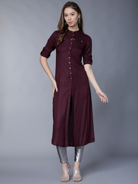 

Vishudh Women Burgundy Solid Straight Kurta