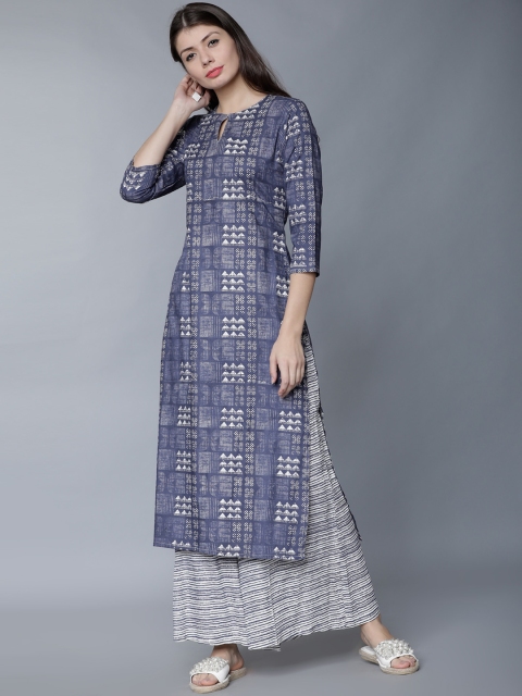 

Vishudh Women Blue & White Printed Kurta with Palazzos