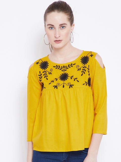 

The Dry State Women Yellow Embroidered A-Line Pure Cotton Top