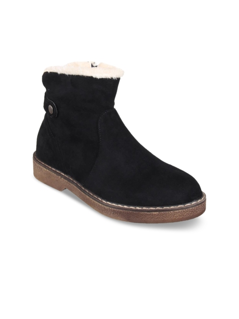 

Flat n Heels Women Black Solid Suede Mid-Top Flat Boots