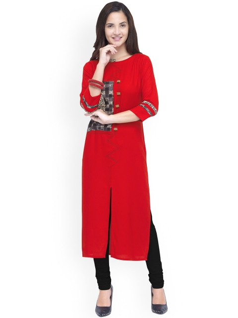 

Kvsfab Women Orange Printed Straight Kurta