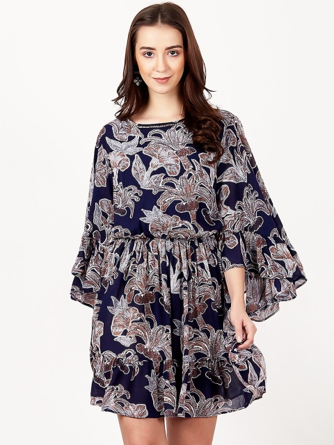 

Label Ritu Kumar Women Navy Blue & Grey Printed Blouson Dress