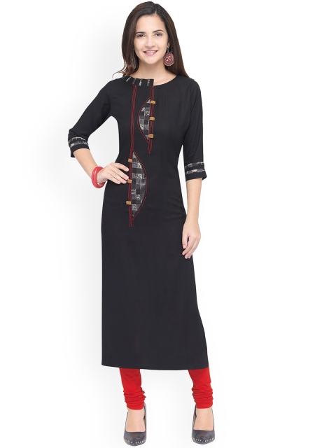 

Kvsfab Women Black Printed Straight Kurta