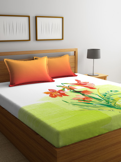 

Portico New York White & Green Flat 144 TC Cotton Double Bedsheet with 2 Pillow Covers