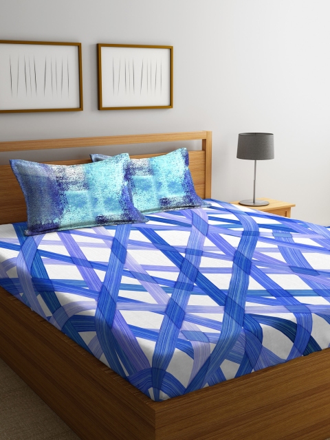 

Portico New York White & Blue Geometric Flat 144 TC Cotton 1 King Bedsheet with 2 Pillow Covers