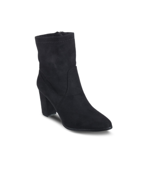 

Flat n Heels Women Black Solid Suede Heeled Boots