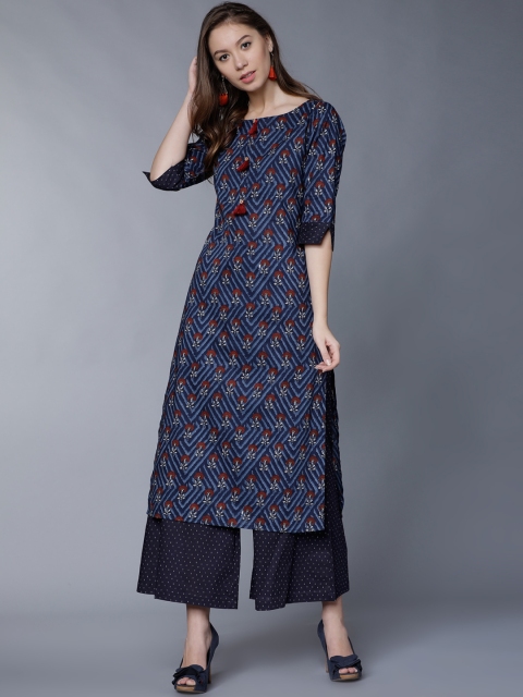 

Vishudh Women Navy Blue & Red Printed Kurta with Palazzos