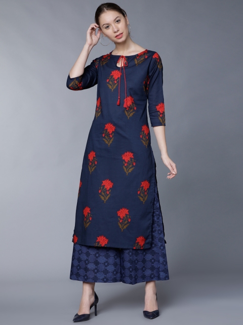 

Vishudh Women Navy Blue & Red Printed Kurta with Palazzos