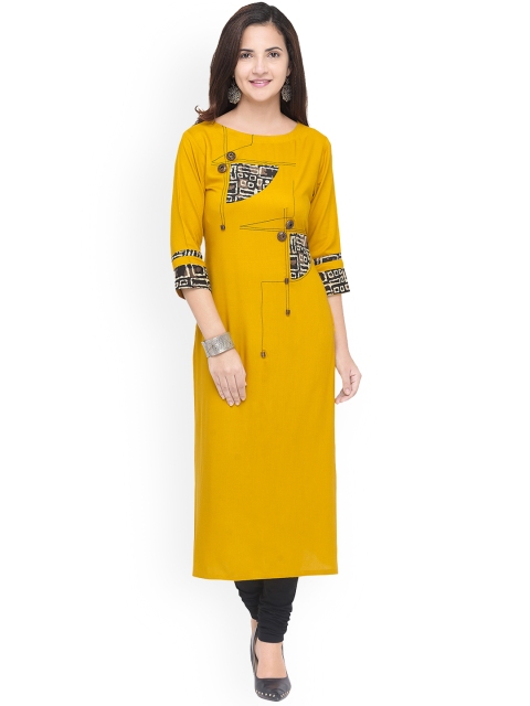 

Kvsfab Women Mustard Printed Straight Kurta