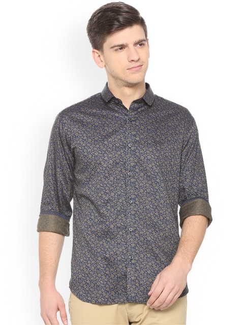 V Dot Men Navy Blue & Beige Slim Fit Printed Casual Shirt