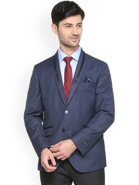 

V Dot Blue Checked Men Single-Breasted Blazer