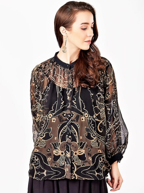 

Label Ritu Kumar Women Black & Brown Printed A-Line Top