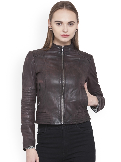 

Justanned Women Burgundy Solid Leather Jacket