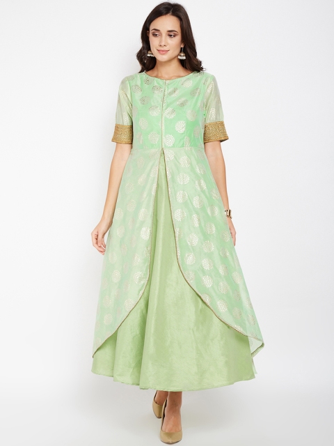 

studio rasa Women Green & Silver-Toned Printed A-Line Kurta