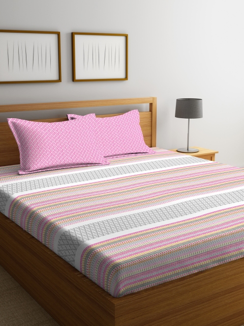 

Portico New York Pink & Grey Striped Flat 144 TC Cotton Bedsheet with 2 Pillow Covers