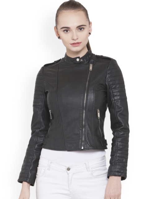 

Justanned Women Black Solid Leather Jacket