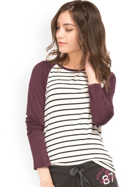 

Aeropostale Women White Striped Round Neck T-shirt