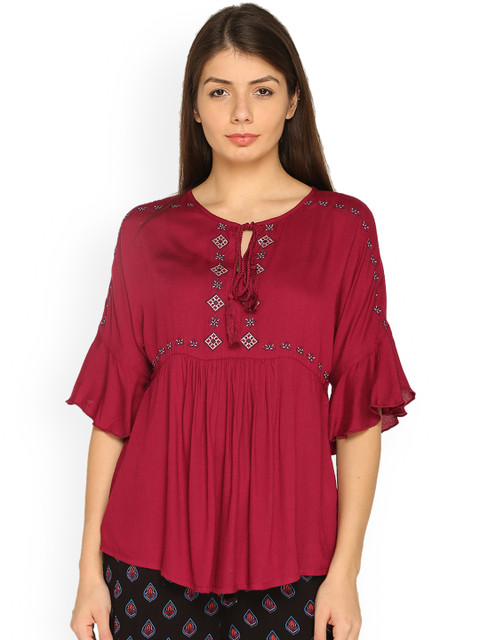 

Splash Women Maroon Embroidered A-Line Top