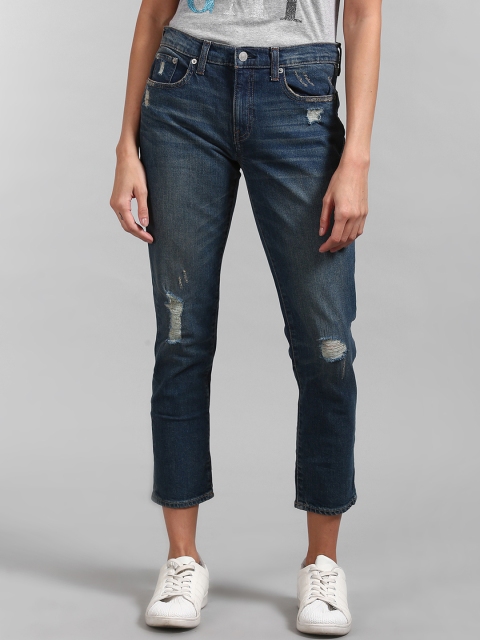 GAP Women Blue Regular Fit Distressed Stone Wash Jeans