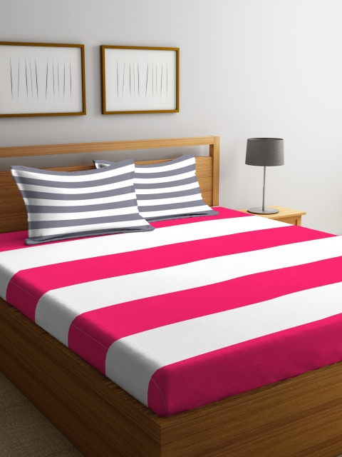 

Portico New York White & Pink Striped Flat 144 TC Cotton Bedsheet with 2 Pillow Covers