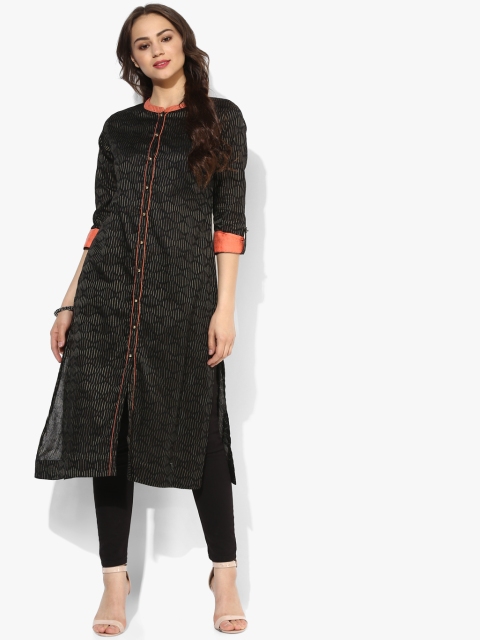 

Sangria Women Black A-line Textured Kurta with Roll-Up Sleeves