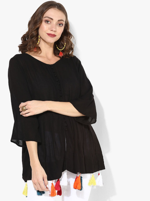 

Sangria Women Black Solid Top with Tassels