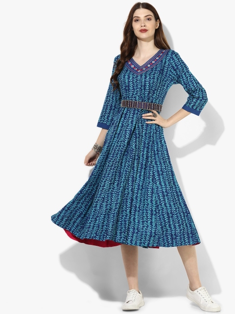 

Sangria Women Navy Blue Printed Midi A-Line Dress