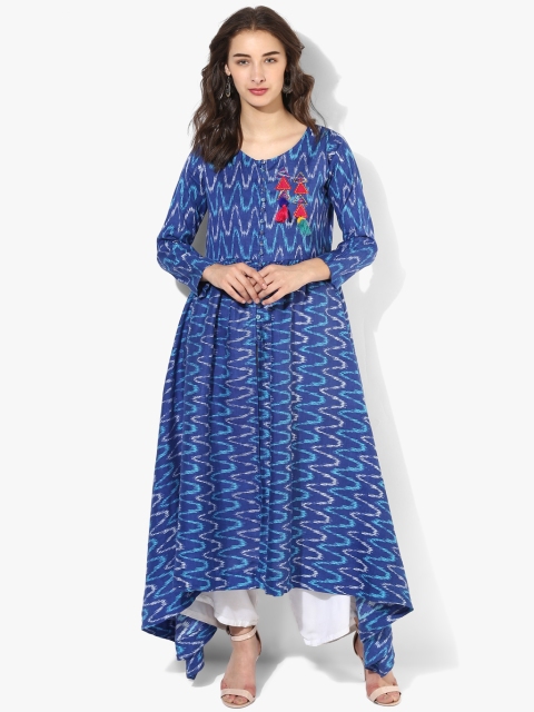

Sangria Women Blue Ikat Print A-Line Asymmetric Kurta
