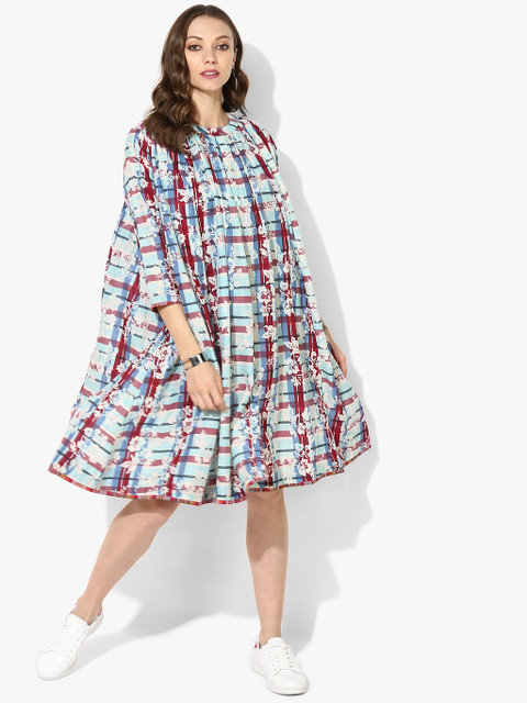 

Mandarin Collar Printed Cotton Tunic With Elbow Sleeves And Shoulder Detail, Multi