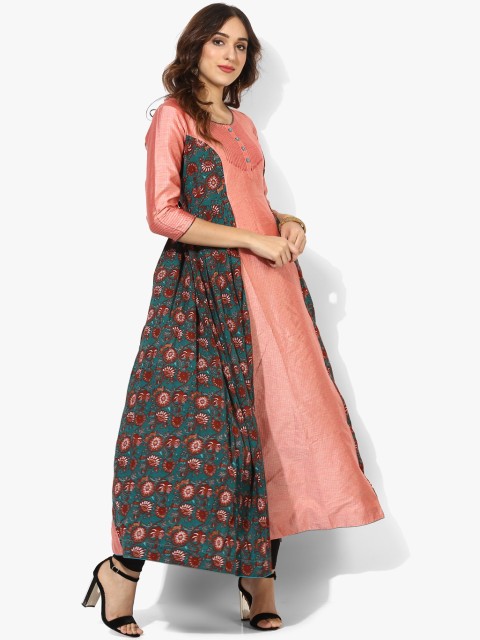 

Sangria Women Peach-Coloured & Teal Green Printed A-Line Kurta