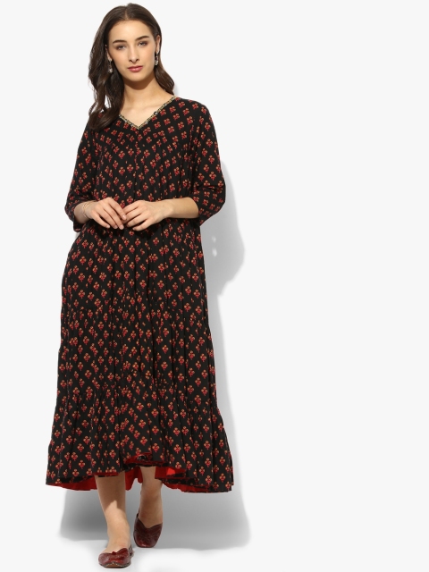 

Round Neck Embroidered 3/4Th Sleevesprinted Tier Anarkali, Black