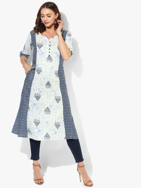 

Sangria Women Off-White & Navy Blue Printed A-Line Kurta