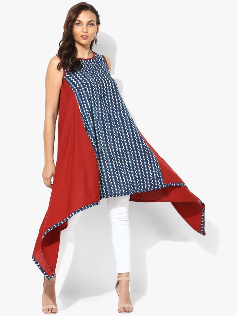 

Sangria Women Navy & Red Printed Asymmetric A-Line Kurta, Navy blue